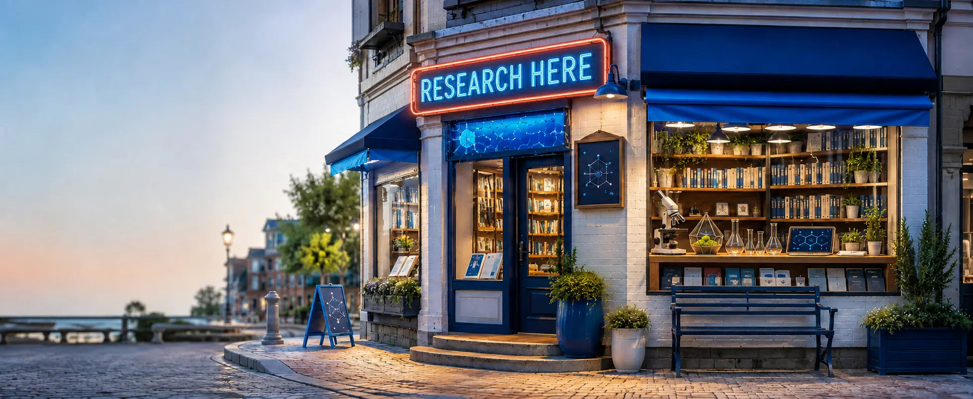 A welcoming neighborhood research bodega with a glowing Research Here sign, library shelves, and a small discovery lab